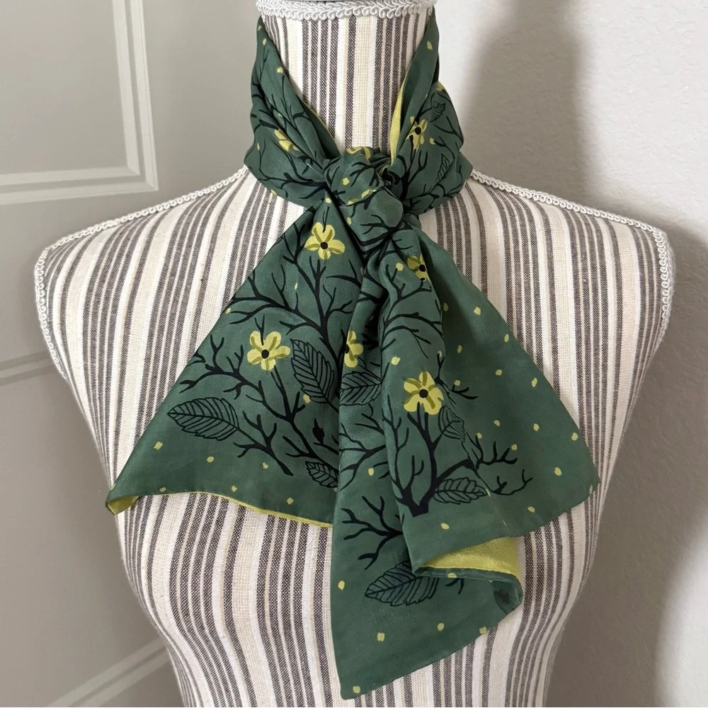 Vintage Carol Stanley Silk Scarf | 40x12 | Yellow & Green Floral Print
